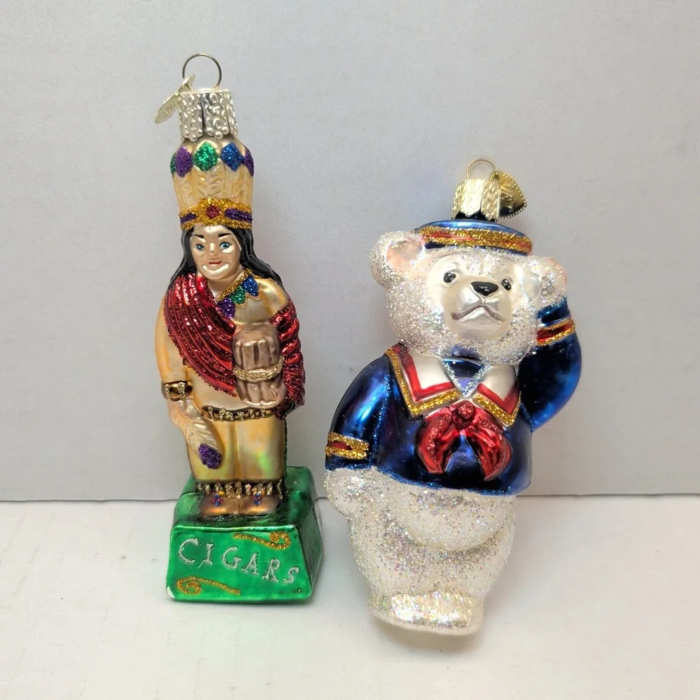 Old World Christmas Glass Ornaments Cigar Store Indian & Sailor Bear Lot of 2